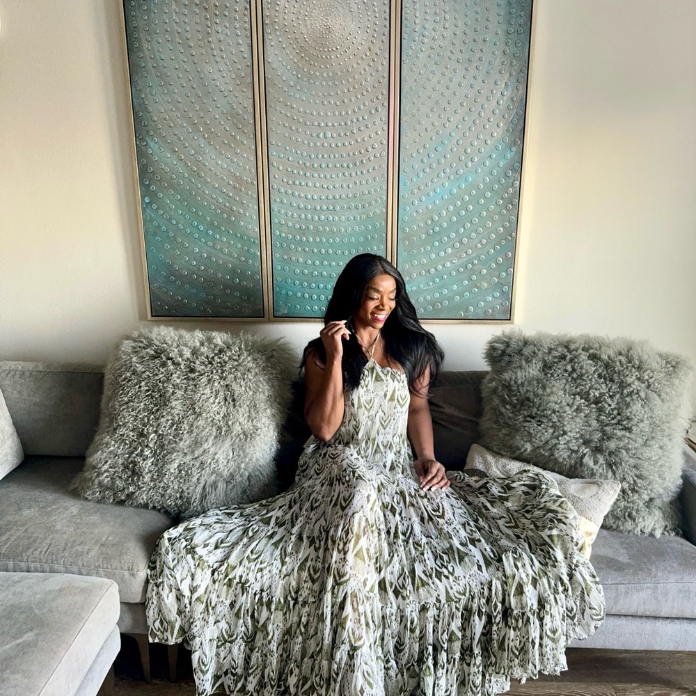 Misa Los Angeles Green and White Patterned Dress